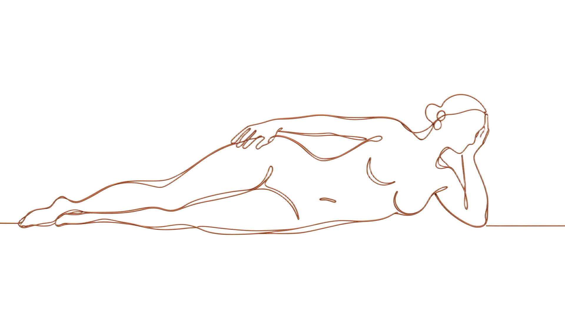 Continuous terracotta line drawing of reclining body silhouette — the art of body rub