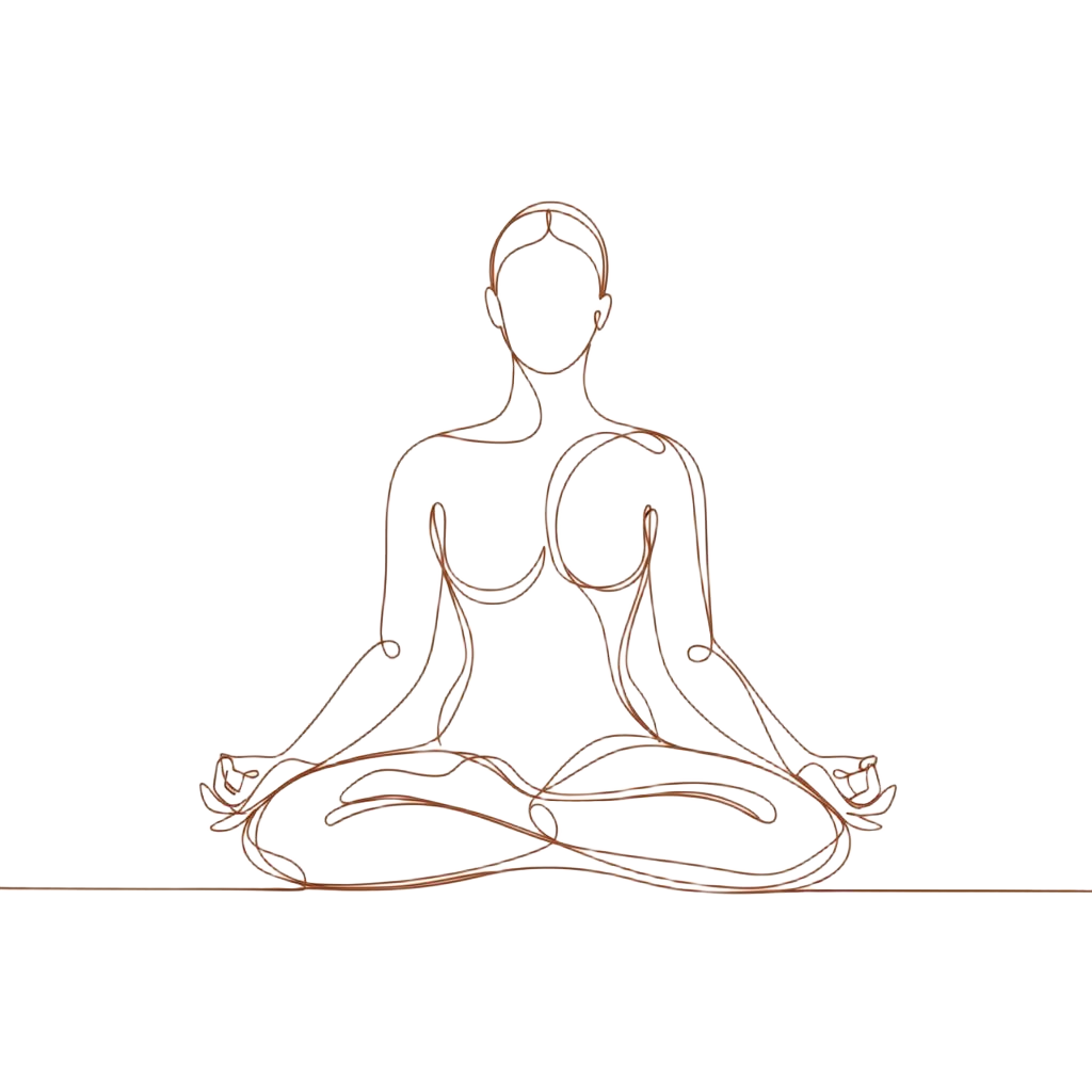 Continuous line drawing of seated meditation figure — hot stone body rub relaxation illustration