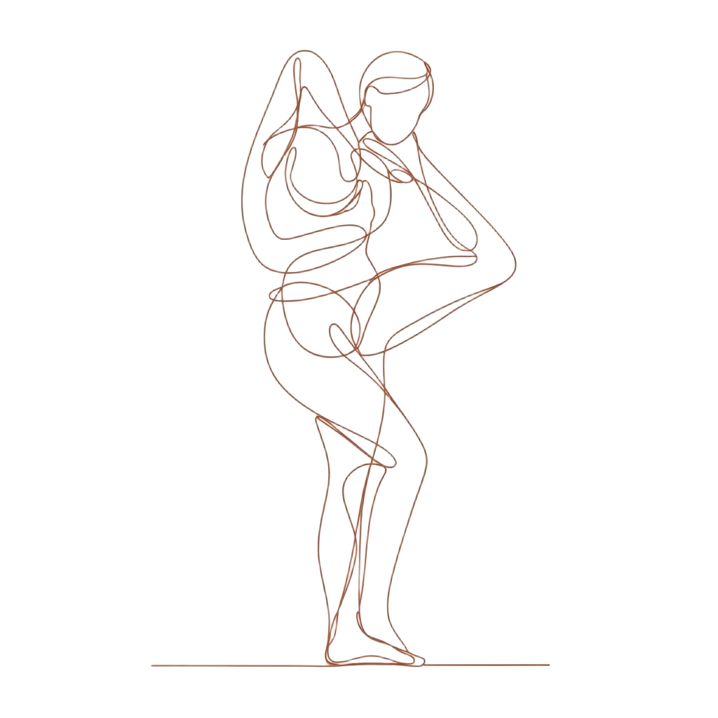 Continuous line drawing of figure in dynamic twist pose — sports body rub illustration